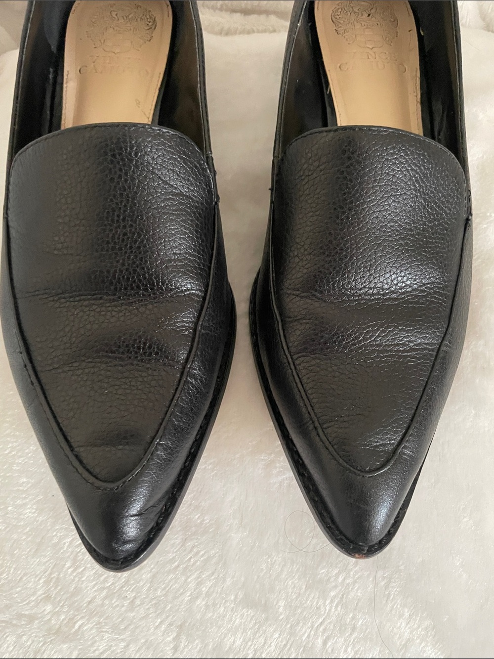 Vince Camuto Black Pointed Toe Leather Loafers with Block Heel - Picture 2 of 5